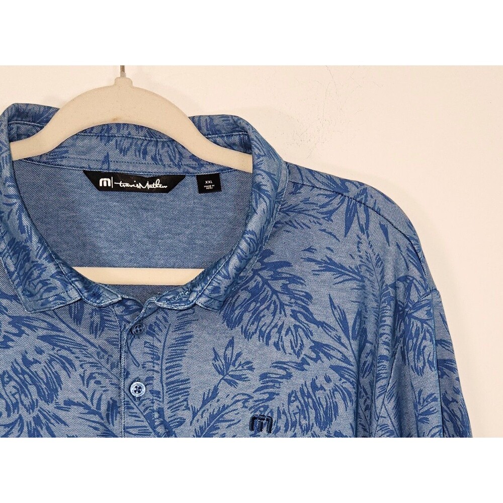 TravisMathew Mens Blue Tropical Floral Polo S/S Shirt 2XL Pima Cotton Blend